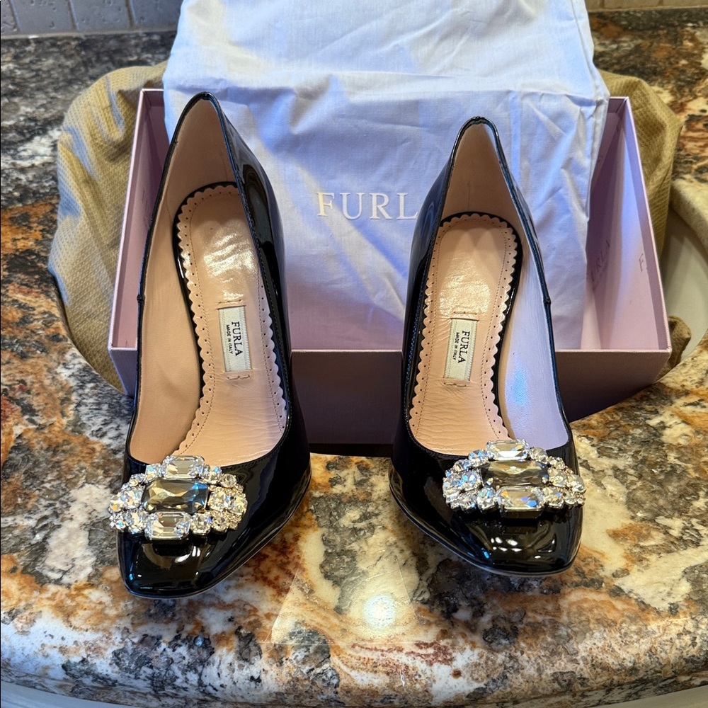 Furla Black Heels with Crystal Embellishments